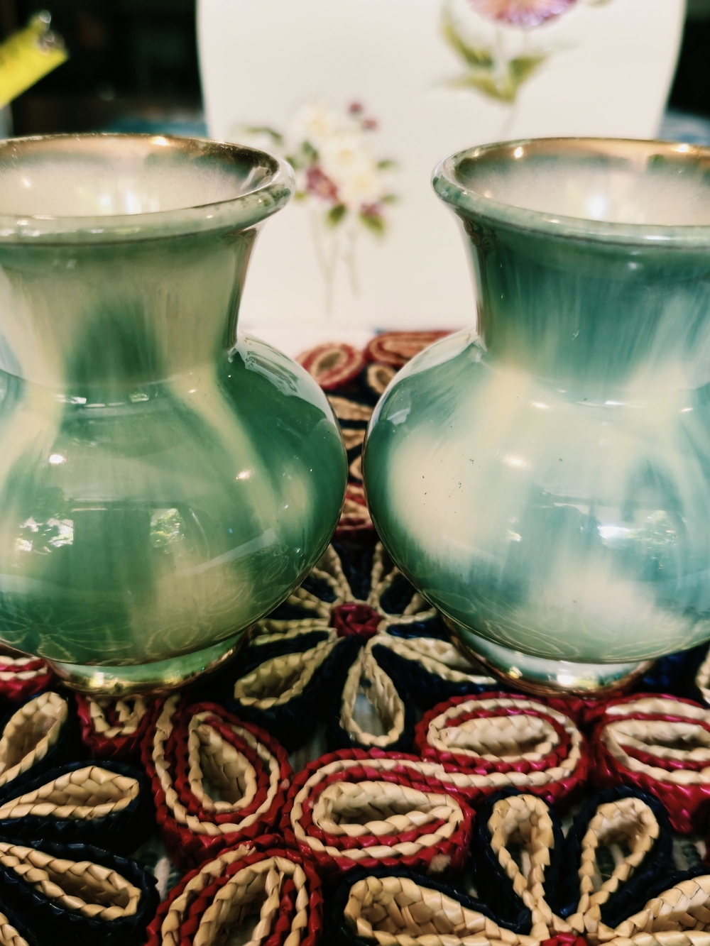 Vintage,Green and Cream Ceramic Decorative Vases - Pair